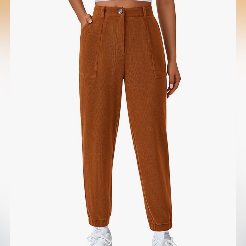 Pretty Garden Chenille/Corduroy High-Waist Utility Jogger Pants in Rust Brown M